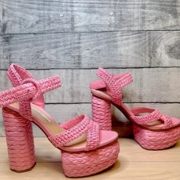 GIANNI BINI PELLE NWOB RAFFIA Pink Woven Platform Sandals - Picture 4 of 7